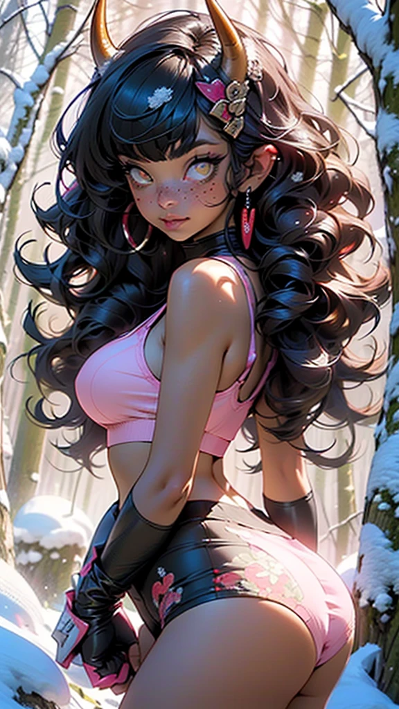 (((meruccubus))),Succubus girl,(((Succubus,monster girl))),
sexy, (red demon horns,red glowing horns,red horns,horns), (devil tail:1.3,demon black tail), ((((hair between horns,(red oni,red skin,oni,colored skin,),skin-covered horns,demon girl,body freckles,freckles,braces,mole under eye,)))),big tits,big butt, thick legs, bitch, naughty face,heart pupils:1.4, heart,hearts,heart marks,((pointy ears)),
(large breasts:1.5),saggy breasts,(((yellow_eyes:1.3))),intricate eyes,beautiful detailed eyes,symmetrical eyes,big eyes:1.5,((((long hair, black hair,blunt bangs,wavy hair)))),((((lustrous skin:1.5,shiny skin,very shiny skin,shiny body)))),(spider lower abdomen,narrow waist,wide hip,bimbo body,inflated legs,thick thighs),(((detailed face))),
(cute,slutty,sensual,seductive look,seductive,((erotic)),opulent,sumptuous,longingly,((nsfw))),
((black panties,black sports bra,clothes writing,sideboob,sports bra,underwear ,underwear only,underwear writing)),((yellow earrings)),((o-ring collar)),((black gloves,gloves,fingerless gloves)),((bare shoulders)),
(seductive pose:1.0),embarrassed,(centered,scale to fit dimensions,Rule of thirds),
((snowy pink cherry forest:1.5,pink theme forest:1.5)),winter,scenery:1.25,((intricate scenery)),((snow forest background)),
(Glossy winter ornaments),highres,sharp focus,(ultra detailed,extremely detailed),(photorealistic artwork:1.37),(extremely detailed CG unity 8k wallpaper),(((vibrant colors,vibrant theme))),(intricate),(masterpiece),(best quality),artistic photography,(photography taken by sldr),(intricate background),perfect rendered face,perfect face details,realistic face,photo realistic,((intricate detail)),(((realism))),