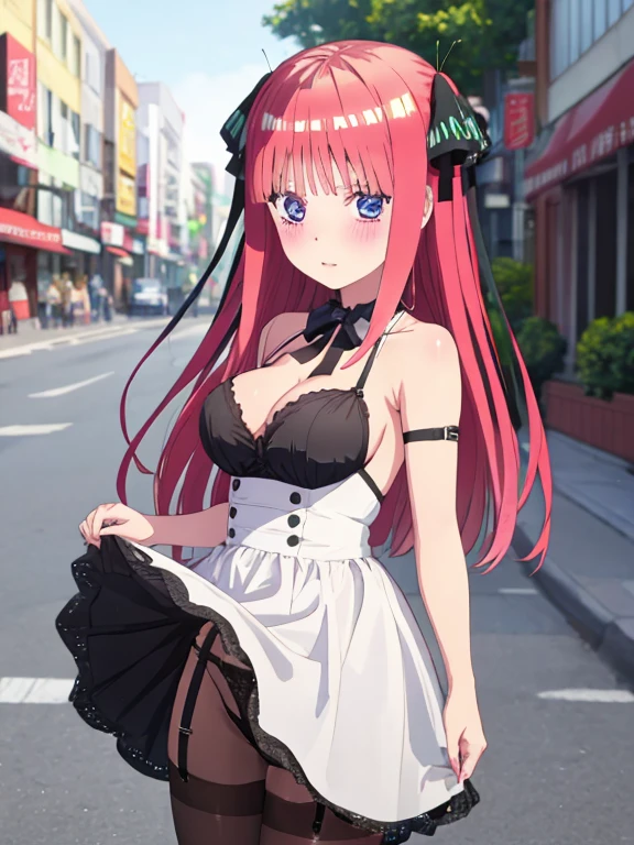 best quality, insanely detailed, nino nakano, breasts, blush, outdoor background, bare-shoulder, looking at viewer, garter strap, a black ribbon, pantyhose