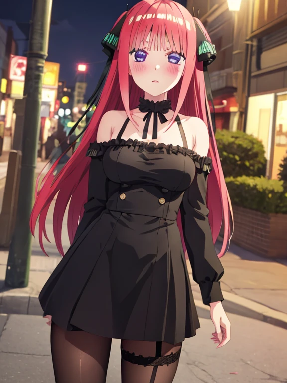 best quality, insanely detailed, nino nakano, breasts, blush, outdoor background, bare-shoulder, looking at viewer, garter strap, a black ribbon, stockings, highleg leotard, pussy, smile, super mini skirt, garterbelt