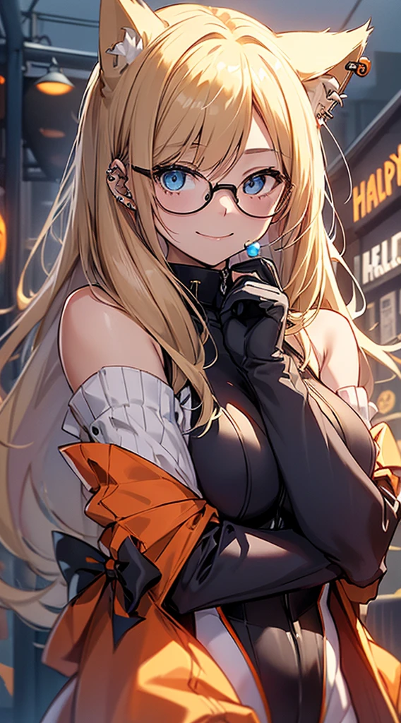 top-quality、Top image quality、in 8K,4K,​masterpiece、(NSFW:1.2)、ultra-detailliert、Beautiful、ultra-quality、cute little、Style like a model、girl with(((18year old、cat ear、Halloween Costumes:1.3、zero suit、Bust 92、a blond、Straight hair around the shoulders、Blue eyes、eye glass、Happiness、Ear-piercing)))、hiquality、visualart、Background with((Halloween:1.2))、masutepiece、bustup