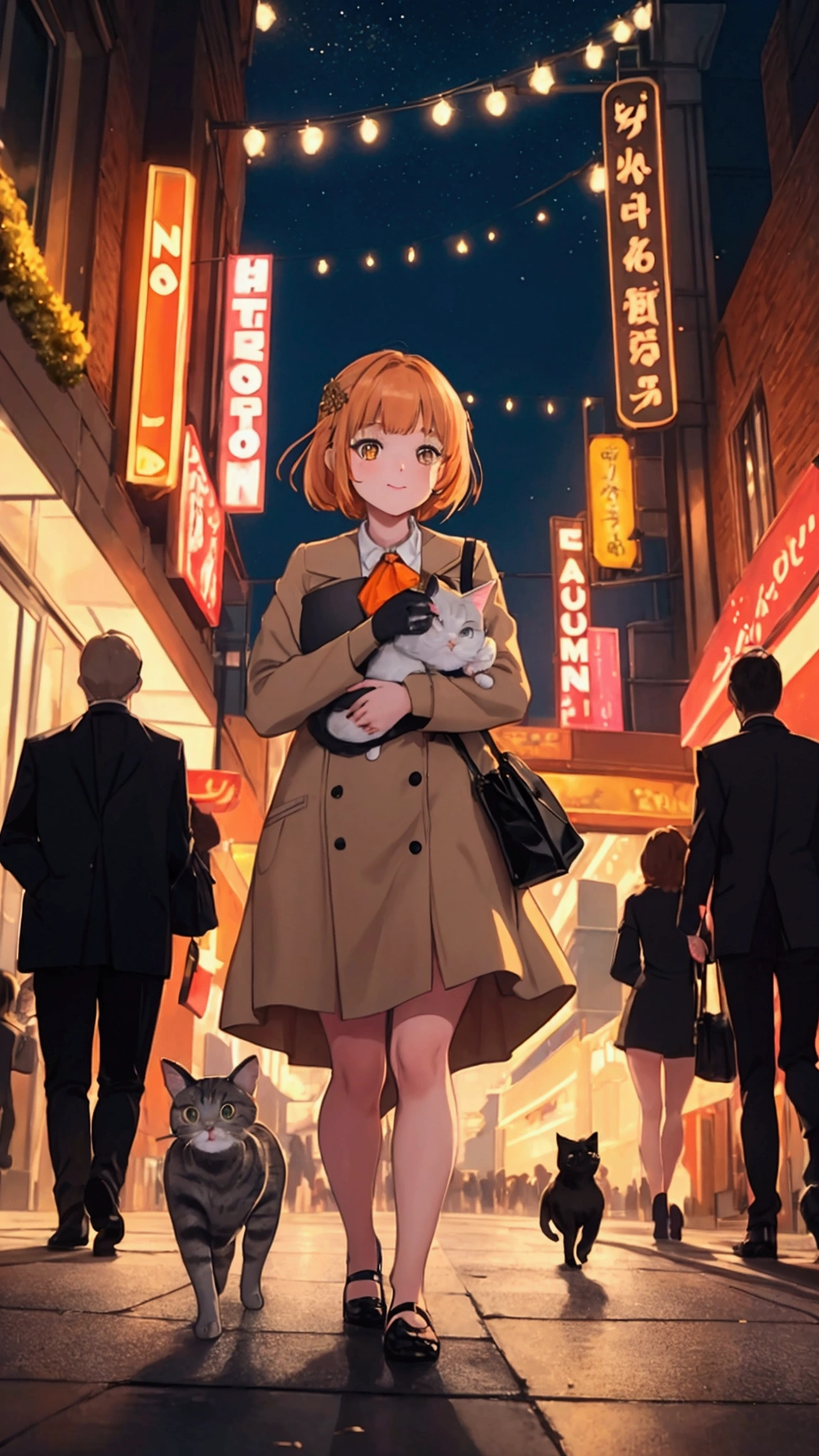 The young lady, dressed stylishly in her brown dress, walks towards a beautifully lit cinema hall with a large board that reads "Pet-Friendly Cinema." She holds the gray and white fluffy cat in her arms, while the orange tabby kitten peeks out from her handbag. The background is bustling with people, some snapping photos, captivated by the sight of the cats. The theater exterior is adorned with colorful lights and posters, giving a festive and welcoming vibe. The image captures the anticipation and excitement of a special night out.