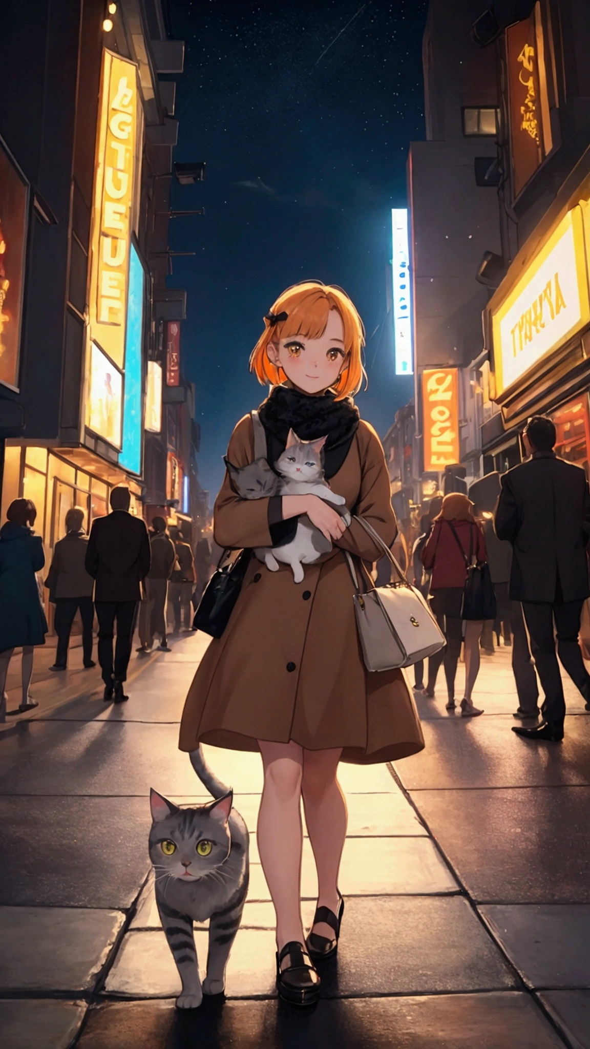 The young lady, dressed stylishly in her brown dress, walks towards a beautifully lit cinema hall with a large board that reads "Pet-Friendly Cinema." She holds the gray and white fluffy cat in her arms, while the orange tabby kitten peeks out from her handbag. The background is bustling with people, some snapping photos, captivated by the sight of the cats. The theater exterior is adorned with colorful lights and posters, giving a festive and welcoming vibe. The image captures the anticipation and excitement of a special night out.