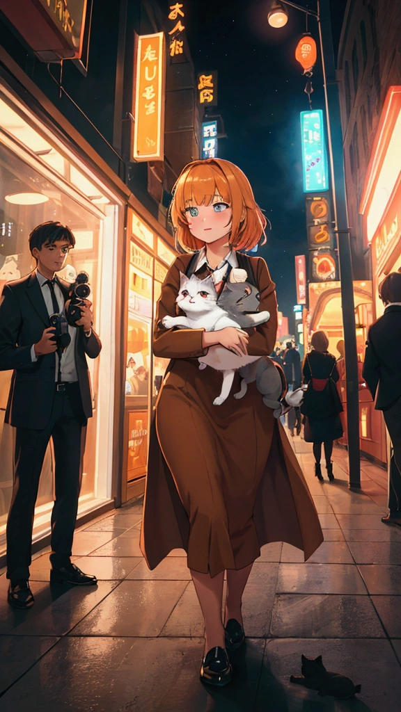 The young lady, dressed stylishly in her brown dress, walks towards a beautifully lit cinema hall with a large board that reads "Pet-Friendly Cinema." She holds the gray and white fluffy cat in her arms, while the orange tabby kitten peeks out from her handbag. The background is bustling with people, some snapping photos, captivated by the sight of the cats. The theater exterior is adorned with colorful lights and posters, giving a festive and welcoming vibe. The image captures the anticipation and excitement of a special night out.