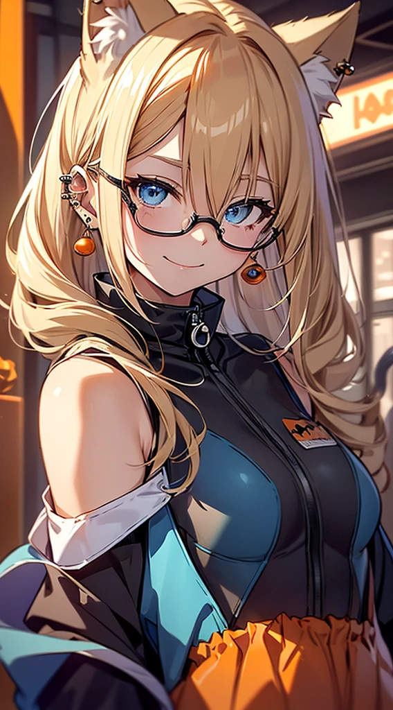 top-quality、Top image quality、​masterpiece、girl with((18year old、komono:1.6、Bust 90、a blond、disheveled ponytail、Blue eyes、open chest wide、Happiness、Black wristband on wrist、Ear-piercing))、((Fashionable glasses))、A slender、hiquality、(Piece It Piece)、visualart、Background with((Ancient Minjia))、masutepiece