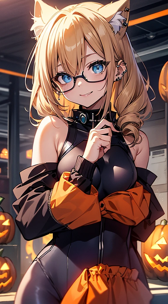 top-quality、Top image quality、in 8K,4K,masterpiece、(NSFW:1.2)、ultra-detailliert、Beautiful、ultra-quality、cute little、Style like a model、girl with(((18year old、cat ear、Halloween Costumes:1.3、zero suit、Bust 92、a blond、Straight hair around the shoulders、Blue eyes、eye glass、Happiness、Ear-piercing)))、hiquality、visualart、Background with((Halloween:1.2))、masutepiece、bustup