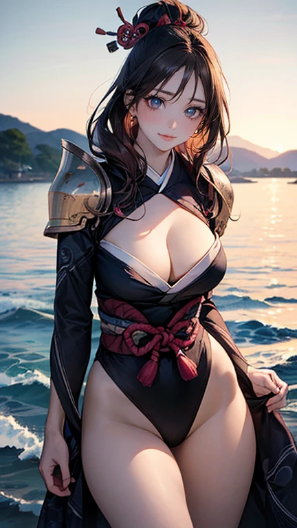 (masterpiece:1.2, Highest quality), (Realistic, photoRealistic:1.4), Beautiful illustrations, (Natural Side Lighting, Cinema Lighting), Looking at the audience, whole body, (Front view), 1 girl, Perfect Face, Symmetrical cute face, Glowing Skin, Baby Face, Long eyelashes, (Large Breasts), (Wide Hips),Beautiful Hair, Beautiful Face, Beautiful and beautiful eyes, Beautiful body, Beautiful breasts, Beautiful thighs, Beautiful feet, Beautiful fingers,(Beautiful views),(Cute Smile:1.2, Excellent), Japanese, high school girl,(Long Hair:1.8, Straight hair:1.7, pink white hair), Parted bangs, Emerald green eyes, Long eyelashes, (Thick thighs),whole bodyが見える, Leaning forward,Dynamic Angle, Perfect body,Very embarrassing panic smile, A character based on the Sengoku warlord Tokugawa Ieyasu,Her outfit bears the Tokugawa family crest.(symbol)The armor is unique in that it features、Expressing elegance and strength,The background depicts a dynamic seascape and starry sky in the style of Katsushika Hokusai.、The colors are vivid and the touch is full of movement.