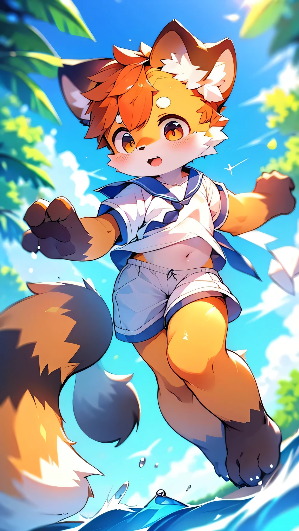Red Panda Boy,School,student,Sailor suit ultra-fine,Precise detailing,4K ultra-vivid,Cute face,Fluffy fur,Furry,Water Play,swimming,Sea