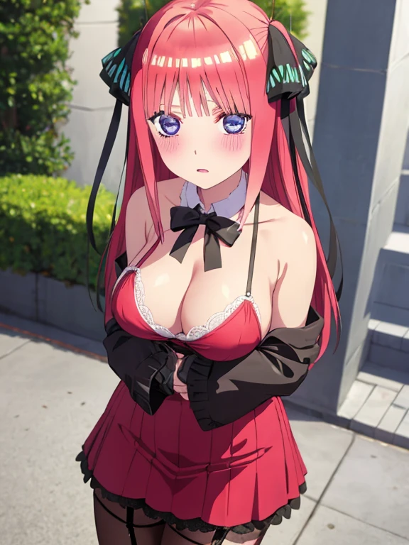 best quality, insanely detailed, nino nakano, breasts, blush, outdoor background, bare-shoulder, looking at viewer, garter strap, a black ribbon, pantyhose