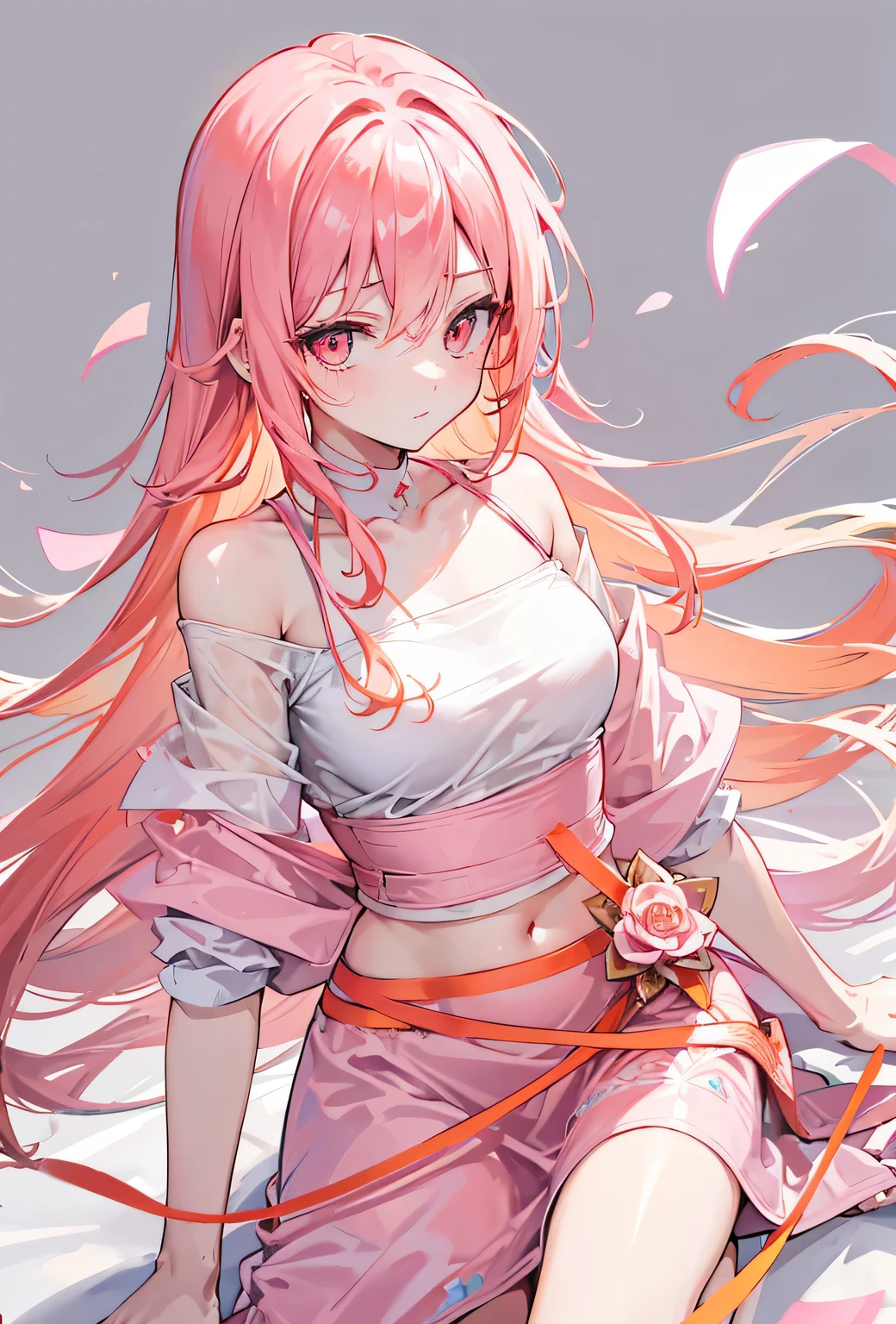Pink orange long hair,Slim and light as a swallow,Slightly higher,Pink orange eyes,Pink decoration,Lightweight soft white shirt,Off Shoulder,Keep your head up and your chest out,Serving People,Love Charm
