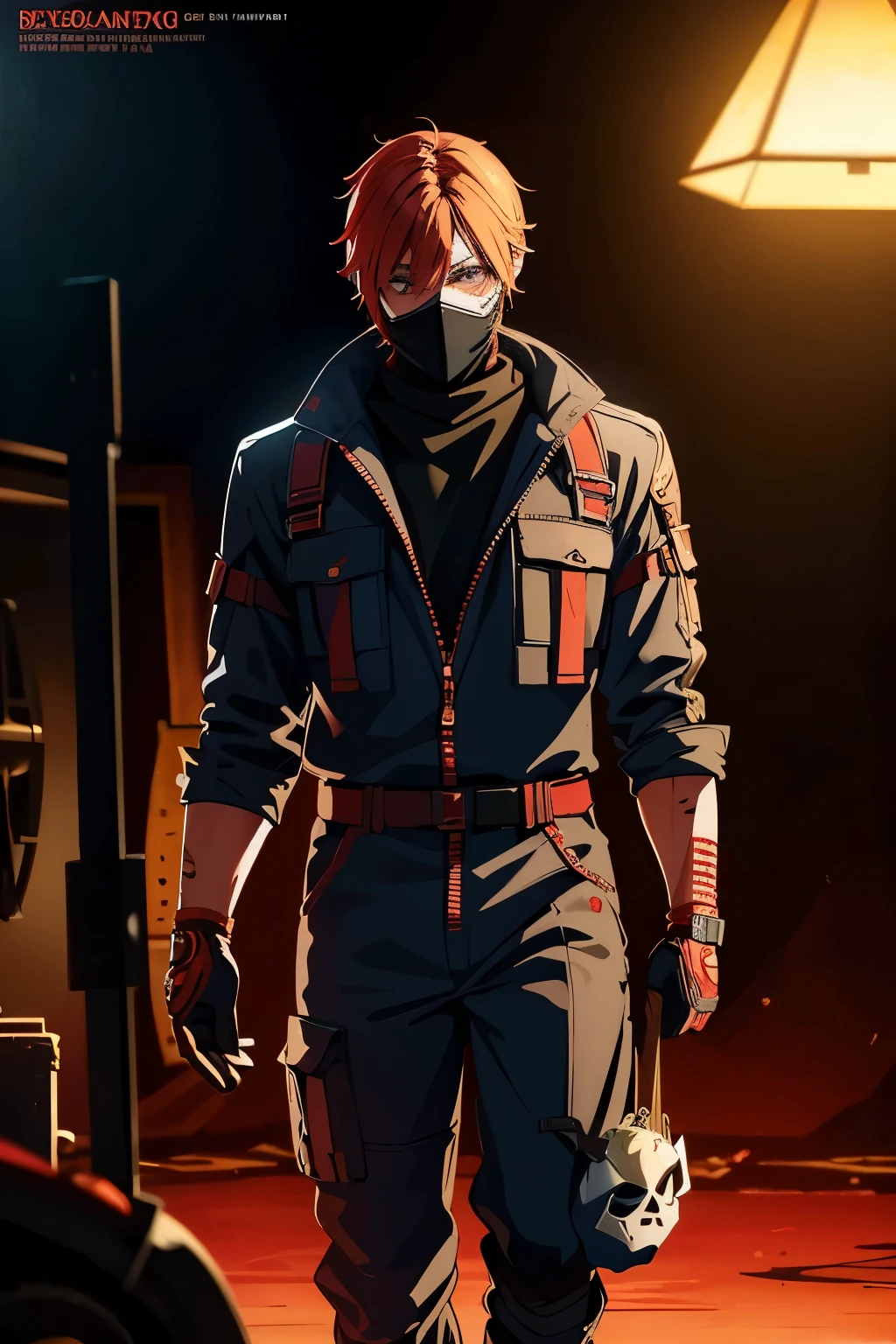 a male character in a bloody jumpsuit and a cute mask, 2D, highly detailed, intricate details, realistic, cinematic lighting, dramatic contrast, beautiful vibrant colors, masterpiece, digital art, concept art