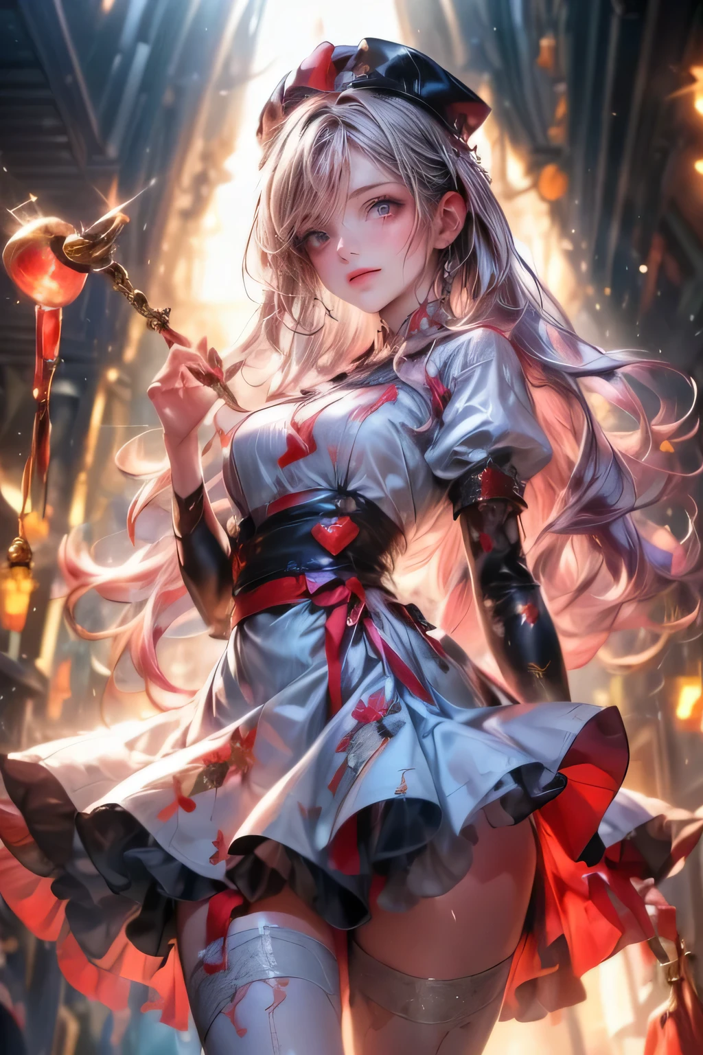 Cute zombie nurse girl, holding an IV stand, blood, dress, cross decoration, blood on clothes, 1girl, purple hair, solo, cross, IV drip, white dress, smile, red eyes, long sleeves, jewelry, colored sclera, hair pants, juliet sleeves, zombie skin, puffy sleeves, hearts, long hair, hand holding, torn clothes, ribbon, hats, intricate details, dramatic scenes lighting, cinematic composition, rich textures, vibrant colors, chiaroscuro, sharp focus, surreal, photorealistic: 1.37, 16k, highest quality, high resolution, masterpiece: 1.2, through bangs, beautiful details (hair, cute face, eyes, pupils, long legs, lips), middle breasts,