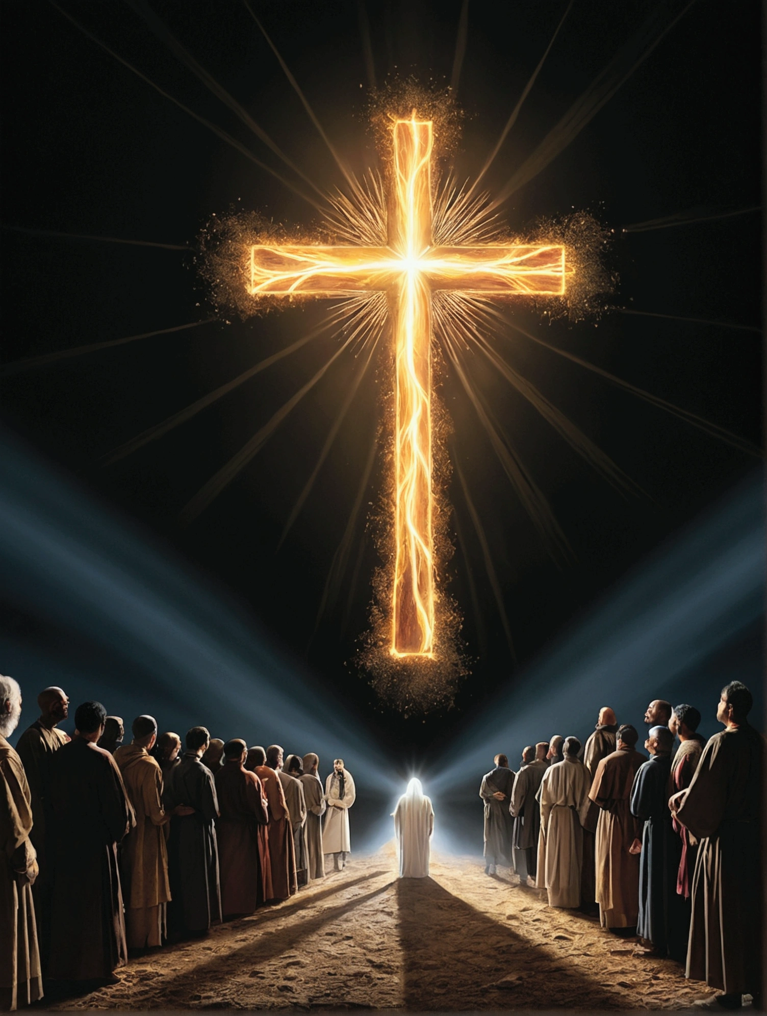 "Generate an AI-powered image that encapsulates the message of John 3:16. Envisioning a World Illuminated by God's Love, With a dazzling ray of light that pierces through the darkness. At the heart of this awe-inspiring scene, Cross描いた, Symbolizes the Sacrifice of God's Only Begotten Son. Cross、Diverse and united people from all walks of life々Group of, Representing the Inclusivity of God's Love. This image is、It should convey a deep sense of redemption, Grace, And the promise of eternal life."