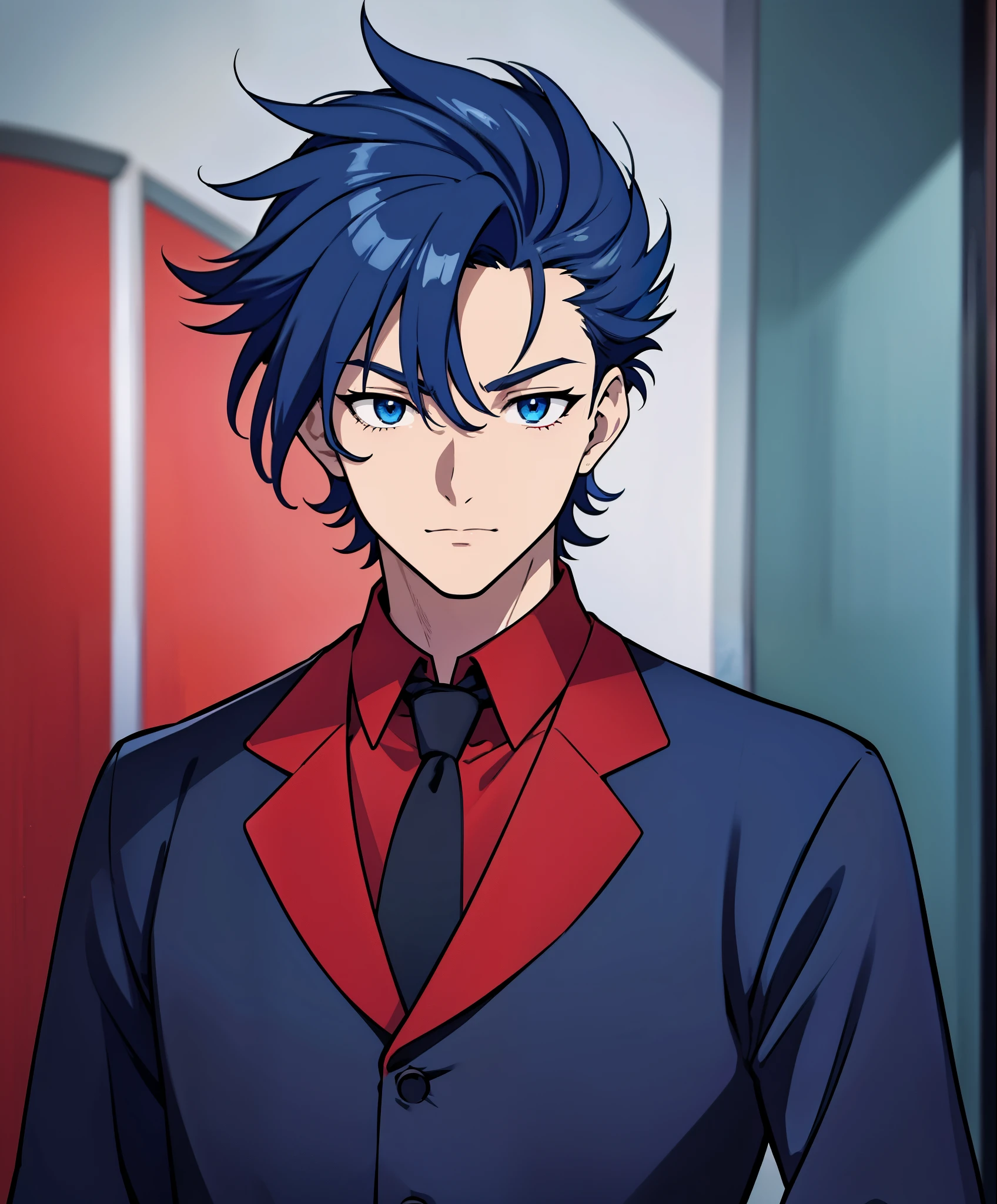 anime boy, happy expression, holding glass, dark blue hair, blue eyes, red clothes, (beautiful and aesthetic:1. 5), thick black lineart, clean lineart, perfect lineart, moody lighting, gritty, intense, sharp lineart, best quality, high quality, best quality, ultra-detailed, saturated colours, HD,