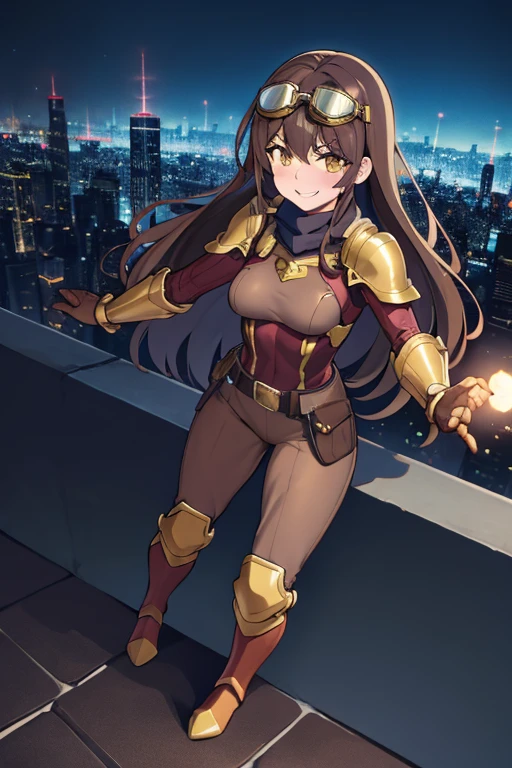 ((best quality)), ((masterpiece)), (detailed), 1 girl, full body, 20s, young adult, brown vintage aviator helmet, spiked helmet, large goggles, evil smile, long white scarf, wavy brown hair with a lock, brown collar, somewhat short, very thin, spikes on forearms, brown details, large brown leather gloves, brown wrist guards, brown nanotech suit, light armor, brown chest with an emblem, high shoulder pads, orange suit with brown stripes, brown tiger stripes, triangular emblem on chest, very small breasts, blue emblem, orange pants, brown knee pads, metallic brown boots, metallic brown shoes, brown superhero belt, standing on a building, city background, anime, holding a small metallic ball with spikes in her hand