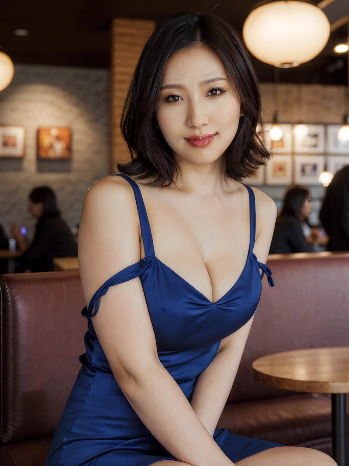 ((the highest quality、8k、A masterpie:1.3)), 1 woman, aisayama_jav, breasts, cleavage, short wavy hair, black hair, light skin, wearing modest dress, lip gloss,
looking at viewer, shot using canon DSLR, portrait shot, half body shot,
realistic face, sitting in a crowded coffee shop, sitting at booth
(ultimate quality, masterpiece, highres:1.0), realistic:1.6, photorealistic, professional photography, portrait photography,