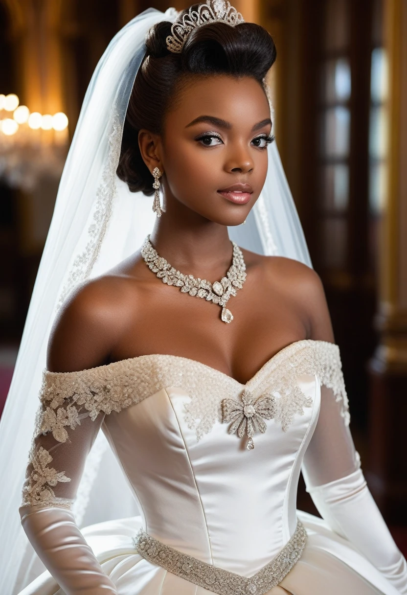 1girl, solo, (masterpiece), best quality, expressive eyes, perfect face, Ashleigh Murray modeling in a majestic, indoor palace setting, adorned in a shimmering white satin bridal gown boasting a voluminous princess skirt, an elongated trail, a harmoniously fascinating veil, and an intricately laced and diamond-encrusted bodice with a bow. Victorian style wedding gown with lace, frills and ribbons. Elaborate victorian updo hairstyle. ribbon belt on waist, Crowning her head is a princess's tiara, while diamond earrings and necklace sparkle in contrast with the white satin of her elbow-length opera gloves, realistic, 4k, hd, detailed, perfect anatomy, perfect hands, perfect face