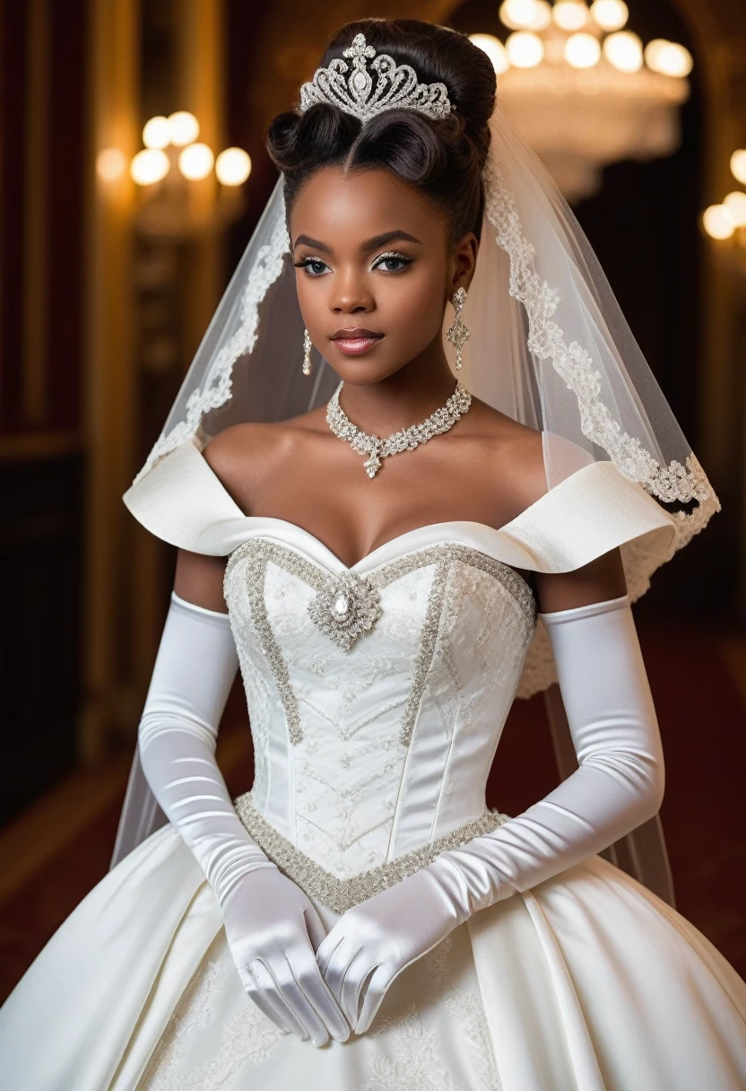 1girl, solo, (masterpiece), best quality, expressive eyes, perfect face, Ashleigh Murray modeling in a majestic, indoor palace setting, adorned in a shimmering white satin bridal gown boasting a voluminous princess skirt, an elongated trail, a harmoniously fascinating veil, and an intricately laced and diamond-encrusted bodice with a bow. Victorian style wedding gown with lace, frills and ribbons. Elaborate victorian updo hairstyle. ribbon belt on waist, Crowning her head is a princess's tiara, while diamond earrings and necklace sparkle in contrast with the white satin of her elbow-length opera gloves, realistic, 4k, hd, detailed, perfect anatomy, perfect hands, perfect face 