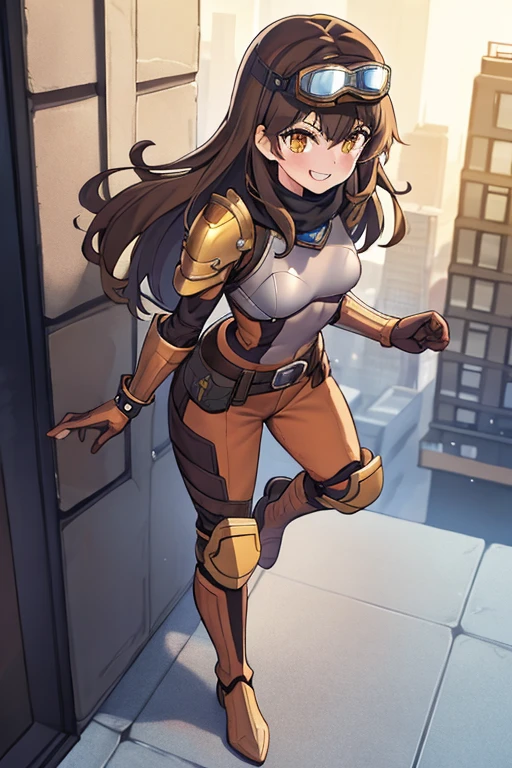 ((best quality)), ((masterpiece)), (detailed), 1 girl, full body, 20s, young adult, brown vintage aviator helmet, spiked helmet, large goggles, evil smile, long white scarf, wavy brown hair with a lock, brown collar, somewhat short, very thin, spikes on forearms, brown details, large brown leather gloves, brown wrist guards, brown nanotech suit, light armor, brown chest with an emblem, high shoulder pads, orange suit with brown stripes, brown tiger stripes, triangular emblem on chest, very small breasts, blue emblem, orange pants, brown knee pads, metallic brown boots, metallic brown shoes, brown superhero belt, standing on a building, city background, anime, holding a small metallic ball with spikes in her hand