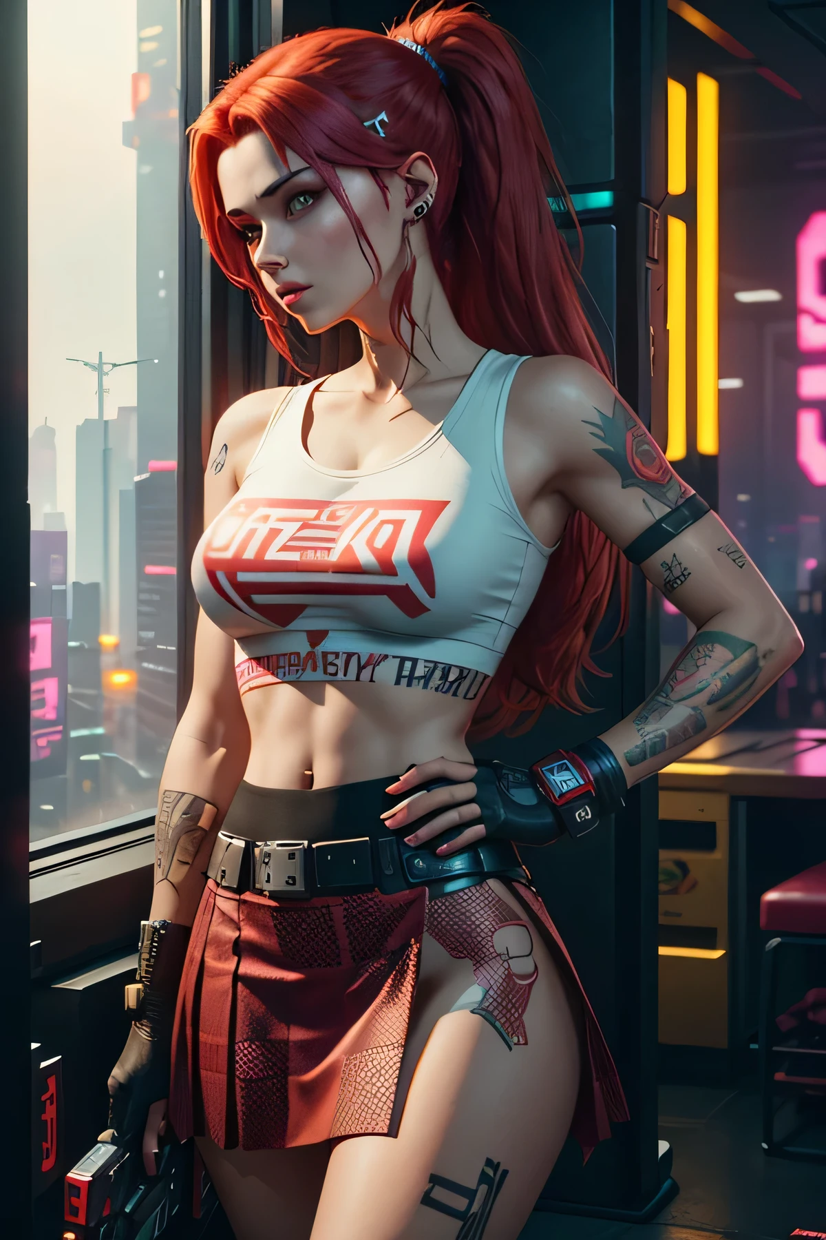 Cyberpunk 2077. A red-haired girl in a white t-shirt and a red checkered skirt, with tattoos