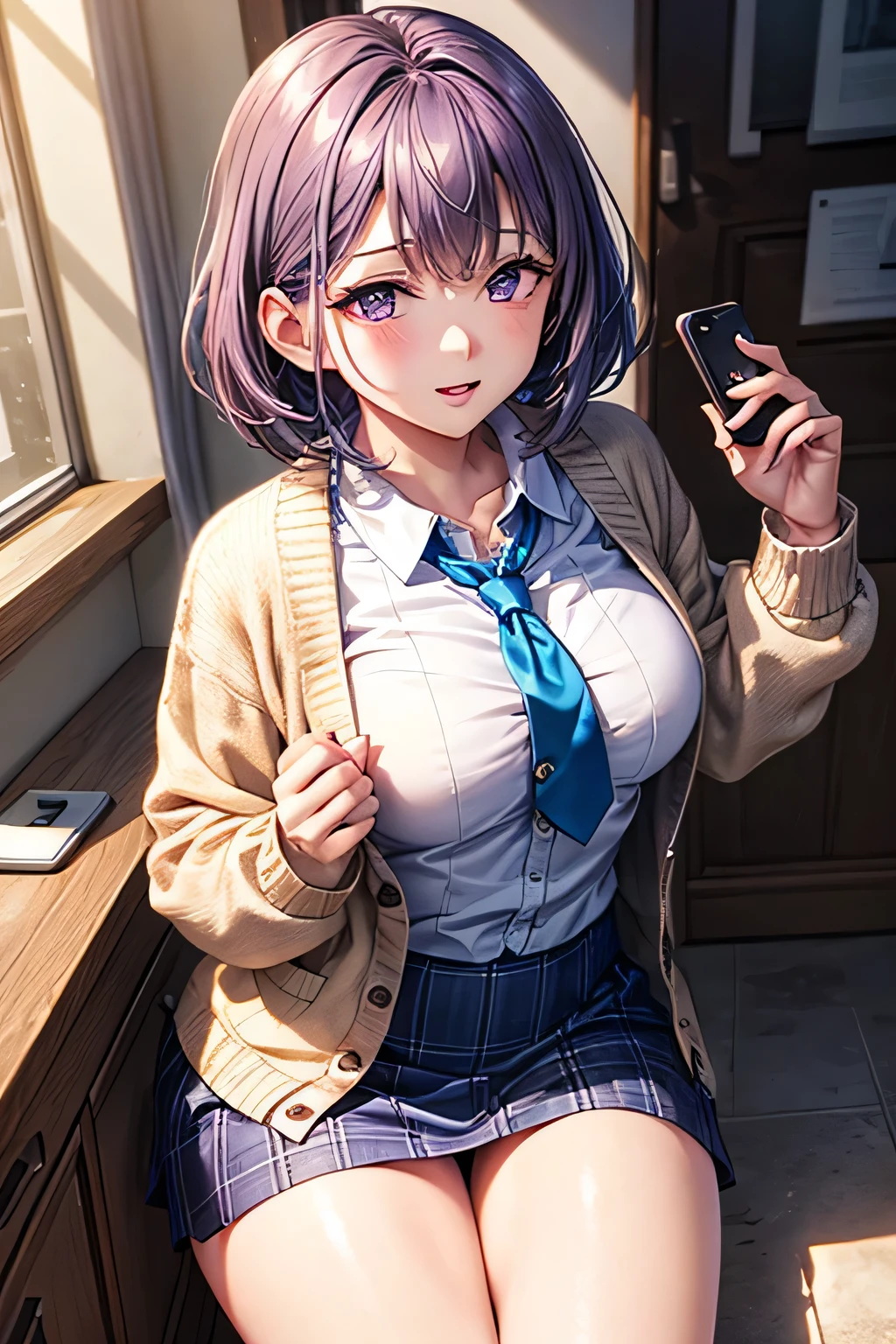 (Very detailed CG Unity 8K 壁紙),(masterpiece), (Highest quality), (Very detailed), (Best illustrations),(Best Shadow), Large Breasts,16 years old,Remote Play、remote controller、Purple eyes and very short purple hair,,White blouse,Blue tie,Checked mini skirt,beige cardigan,Dynamic Angle