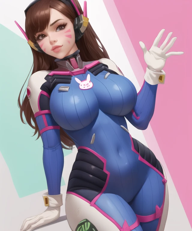 (best quality), (masterpiece), 1 girl, early 20's, huge heavy breasts, busty, massive breasts, thick, thick lips, wide hips, thin waist, d.va, bodysuit, brown hair, facial mark, gloves, breasts, brown eyes, pilot suit, cowboy shot, headphones, white gloves, medium breasts, swept bangs, skin tight, animal print, bangs, bunny print, ribbed bodysuit,