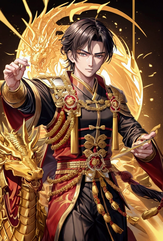 Handsome boy,Chinese General,Riding on a Golden Dragon,Wearing gold armor,Longquan sword in hand