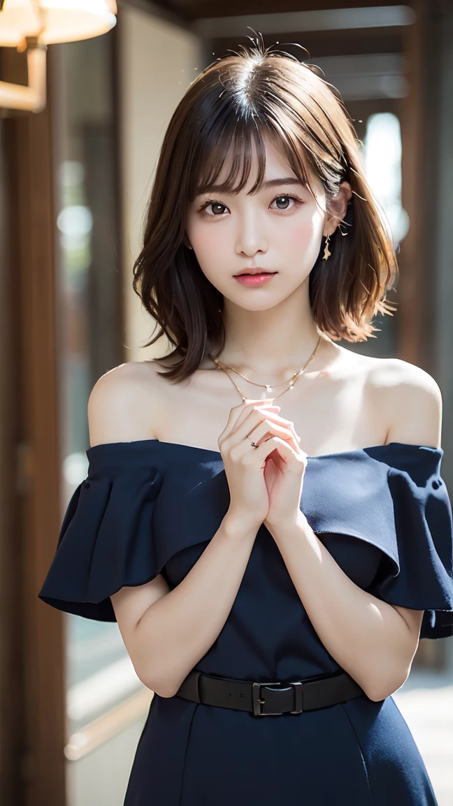 body、Full body Esbian、Leaning forward, Very small waist、(Very large breasts:1.3)、Plump thighs、Natural Skin、Ultra-thin face、 Extremely thin hands, very thin fingers, Optimal ratio、Surreal, ((Cute Dresses、Too much exposed skin、Off the shoulder、The length is short and the thighs are visible))、Blushing cheeks、body covered in 、Cross Necklace、((18-year-old female:1.ung and adorable Japanese face, Official Art,非常に精細なCG Unity 8k壁紙,(masterpiece:1.0),(Highest quality:1.0), Very detailed, photo shoot, 8k, Hmph, High resolution, Kodak Portrait 400, Film Grain, Lens Flare Glow,Portrait Shot,Show Viewer
