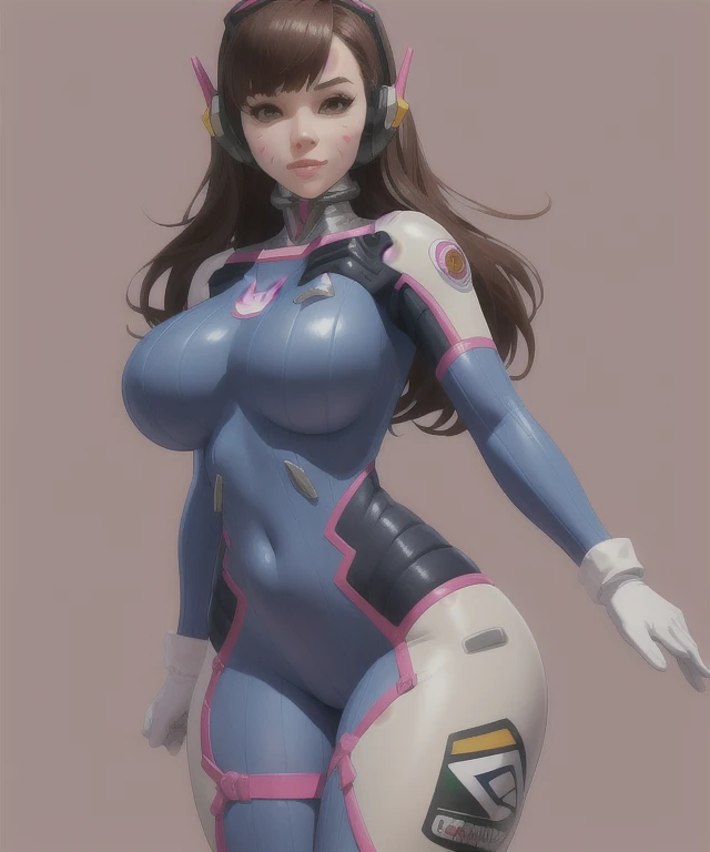 masterpiece, best quality,1girl, d.va (overwatch), solo, long hair, whisker markings,blue bodysuit, brown hair, facial mark, gloves, breasts, brown eyes, pilot suit, cowboy shot, headphones, white gloves, big breasts, swept bangs, skin tight, animal print, bangs, bunny print, ribbed bodysuit, facepaint, pink lips,