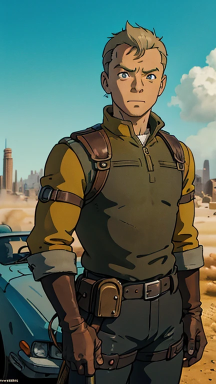 (Teens:1boy: Tintin,madmax), (extremely detailed CG unit 8k wallpaper),(master part), (best quality), (ultra detali), (best illustration),(melhor ombre), cowboy shot, (Sharp eyeliner, ombre, detailed eyes:1), post apocalyptic background, ,break , (ghibli style), upper body,short hair, grey hair, 1man,1boy, yellow top,black pant