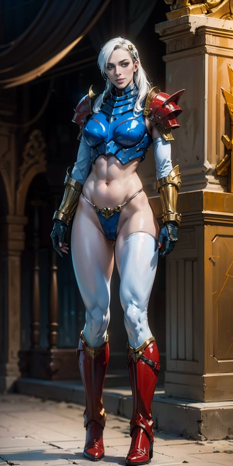 (masterpiece, best quality, 4k, 1solosqueleton with skull head and golden armor, smile, plain background:1.2) perfect face, perfect lighting, mature with gloves red gauntlets in her hands like Cammy White from Street Fighter, bob white hair, warhammer 40k power armor suit with loincloth, red eyes like rubies, full body GOLDEN armor, view from below, looking to the viewer, arms to the sides empty hands, RED military boots, silver skull ornament attached to crossing 2 belt wide hips, 2 long legs