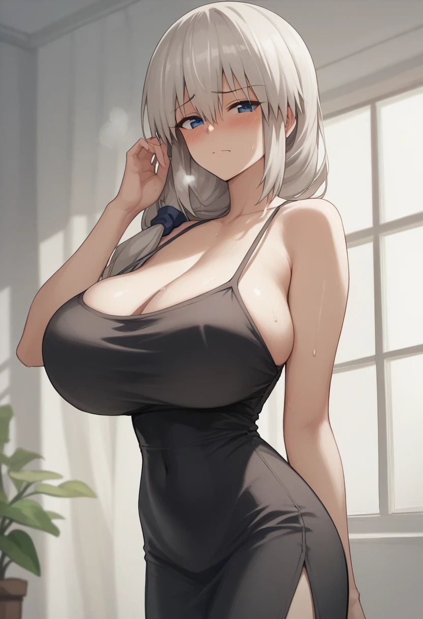 Huge breasts、blush、Sweat、In the heat、Long white hair、Braiding、uzaki_fortune、
{Highest quality}, {so beautiful}, {Very detailed}, {Best illustrations},Life、slim:1.5、Camisole long maxi dress(tight)、Are standing