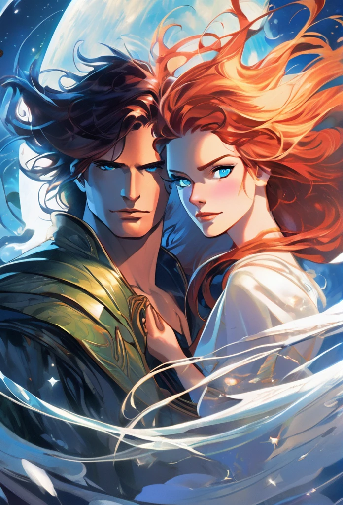 A book cover featuring the faces of two main characters staring at each other with intensity. The woman has long curly red hair, eyes with a mixture of honey and green, radiating a mysterious and fascinating aura. The man has short white hair with shades of light blue, deep gray-blue eyes and a blue tattoo that runs up his neck. In the background, a planet in shades of white and blue, with ethereal details that suggest an otherworldly atmosphere. The characters' expressions are full of emotion, capturing the tension and connection between them. The lighting should highlight the details of the faces and the vibrant colors of the hair and eyes, while the planet in the background adds a touch of fantasy and mystery.
