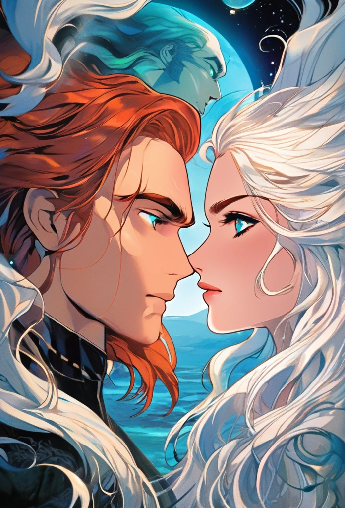 A book cover featuring the faces of two main characters staring at each other with intensity. The woman has long curly red hair, eyes with a mixture of honey and green, radiating a mysterious and fascinating aura. The man has short white hair with shades of light blue, deep gray-blue eyes and a blue tattoo that runs up his neck. In the background, a planet in shades of white and blue, with ethereal details that suggest an otherworldly atmosphere. The characters' expressions are full of emotion, capturing the tension and connection between them. The lighting should highlight the details of the faces and the vibrant colors of the hair and eyes, while the planet in the background adds a touch of fantasy and mystery.