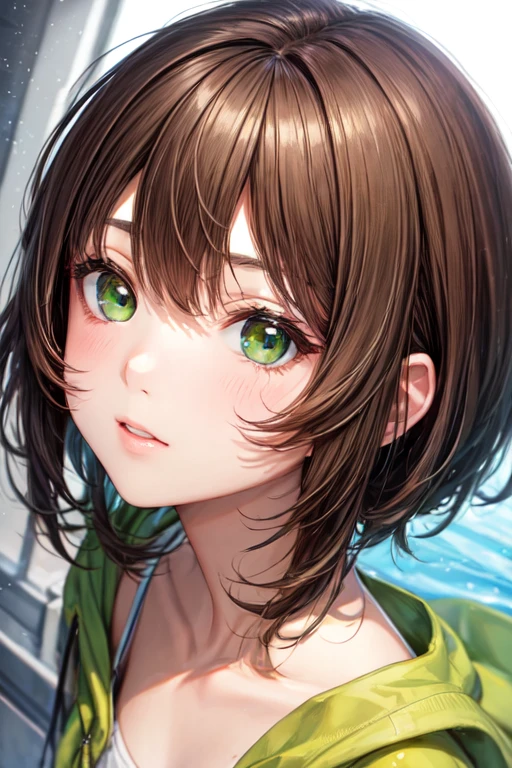  straight medium brown hair light green eyes without bangs with sardines 