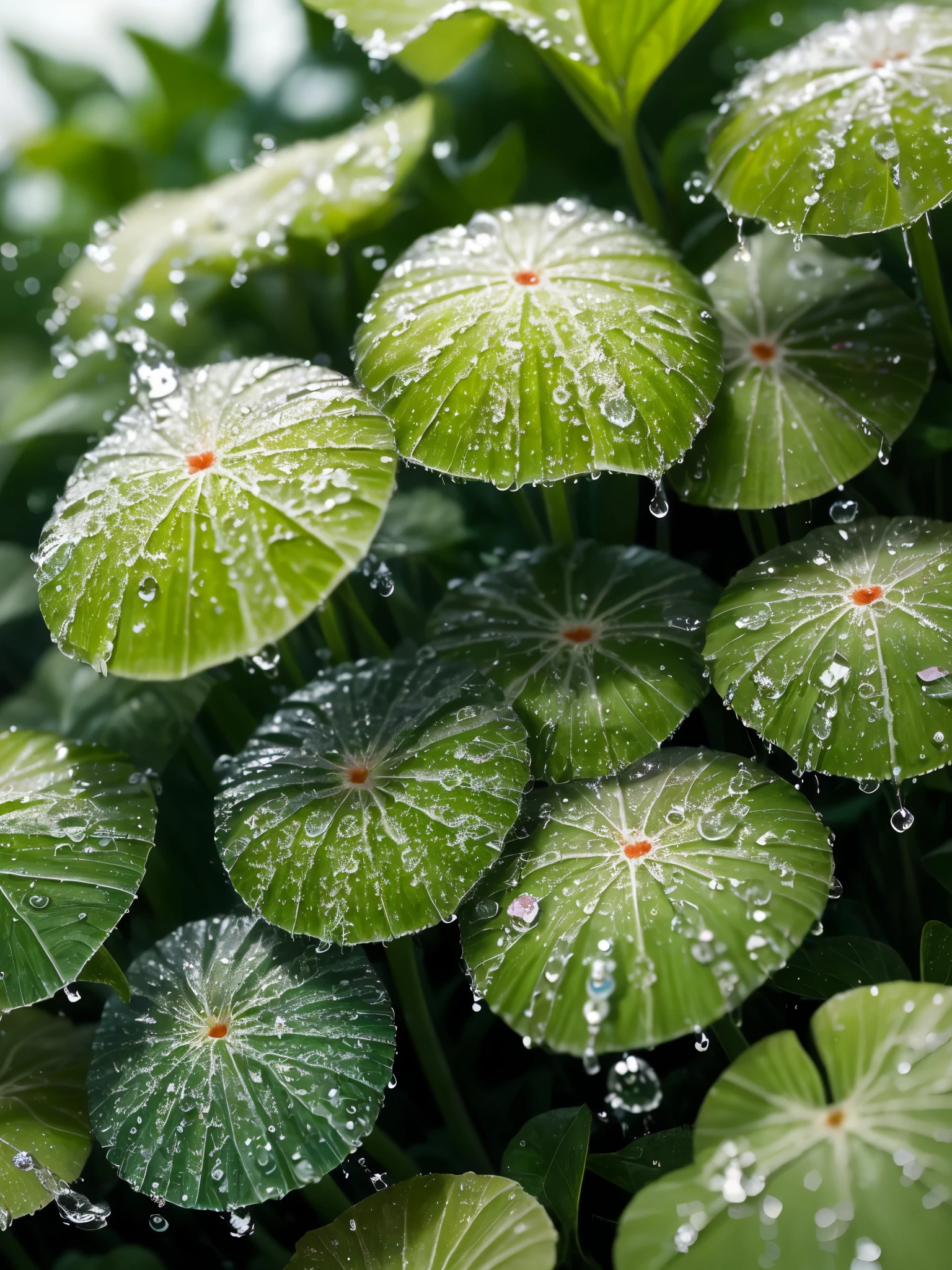 a close up of a bunch of green plants with water droplets, dew drops, dewdrops, lots of raindrops, raindrops, rain drops, droplets, four leaf clover, covered in water drops, dew, green rain, green colors, #green, clover, shades of green, just after rain, water droplets, detailed droplets