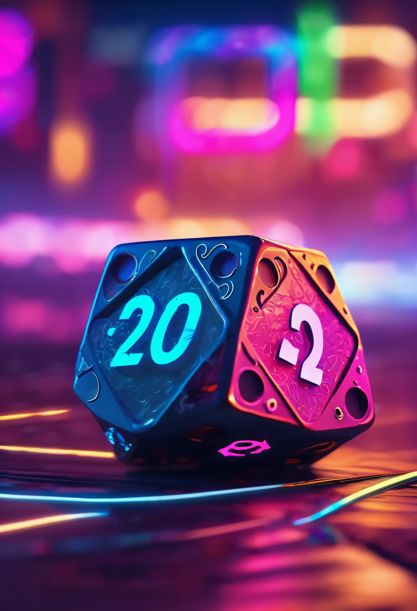 a closeup of a dice with neon lights and a number, 2 0 2 5 s promotional art, movie 2022, 2 0 2 2 photos, Number 2 0, rollo20, 2023 4K, Screenshot of the 2020 video game, Year 2 0 2 2, 2 0 2 3, 2023