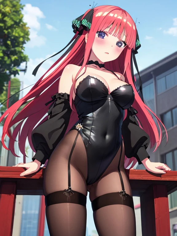 best quality, insanely detailed, nino nakano, breasts, blush, outdoor background, bare-shoulder, looking at viewer, garter strap, a black ribbon, pantyhose, highleg leotard