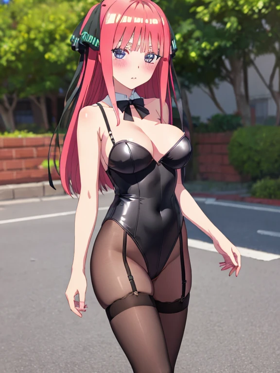best quality, insanely detailed, nino nakano, , blush, outdoor background, bare-shoulder, looking at viewer, garter strap, a black ribbon, pantyhoighleg leotard