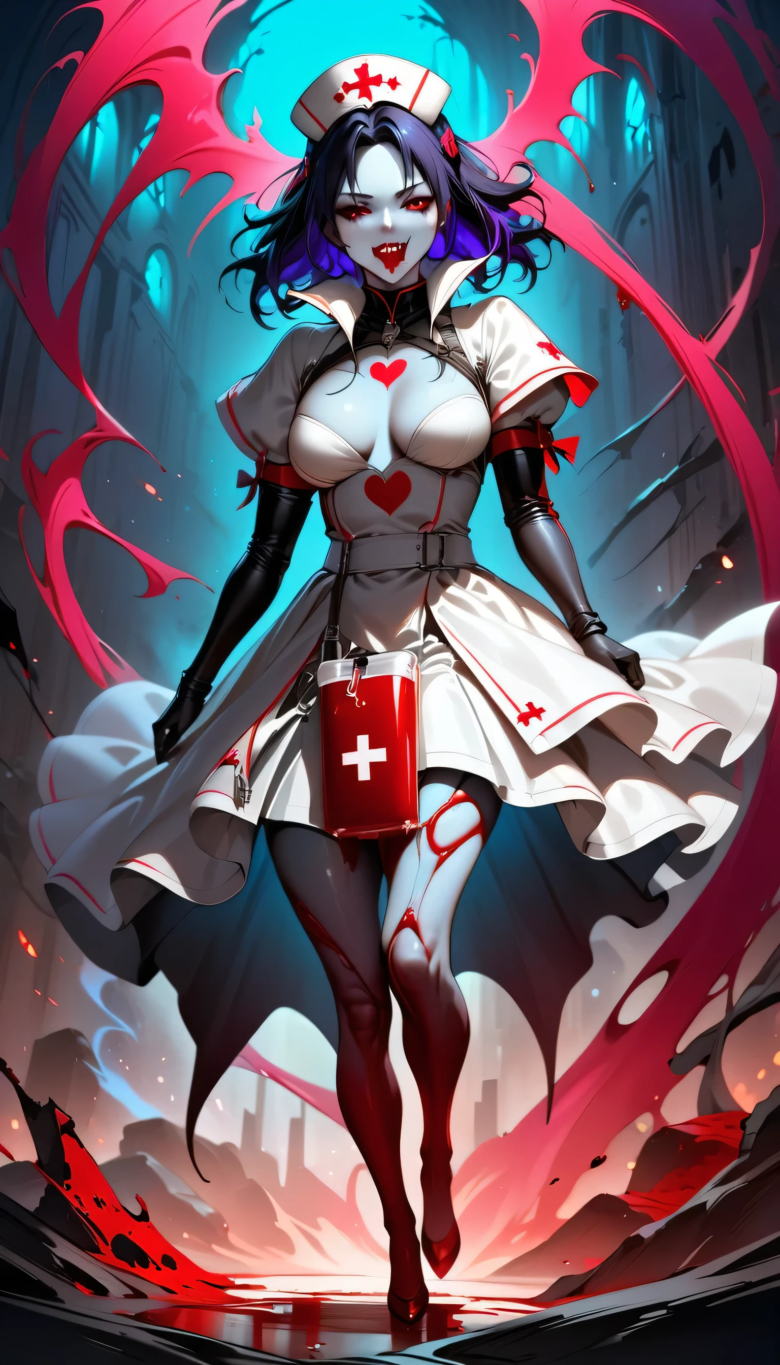 a picture of vampire nurse in a dark hospital, goth hospital, exquisite beautiful nurse, ((full body shot: 1.5)), ((anatomically correct: 1.5)), (ultra detailed face: 1.2), pale skin, dynamic hair style, dynamic hair color, wearing white silk nurse, small cleavage, nurse robes, white skirt,(holding blood transfusion bag: 1.3), BloodSoakedAI, goth hospital background, dark fantasy art, goth art, Hyperrealism style, vibrant, Ultra-high resolution, High Contrast, (masterpiece:1.5), highest quality, Best aesthetics), best details, best quality, highres, ultra wide angle, 16k, [ultra detailed], masterpiece, best quality, (extremely detailed) RAW, BloodSoakedAI, vampire teeth