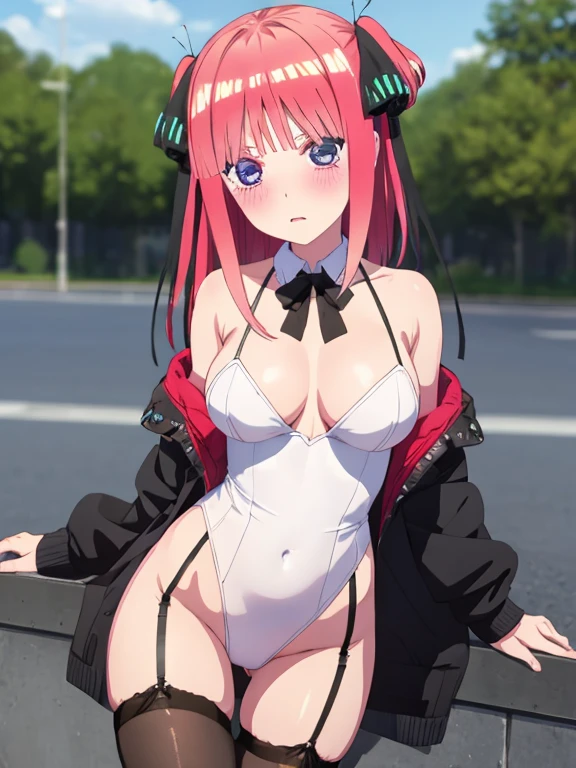 best quality, insanely detailed, nino nakano, breasts, blush, outdoor background, bare-shoulder, looking at viewer, garter strap, a black ribbon, pantyhose, highleg leotard