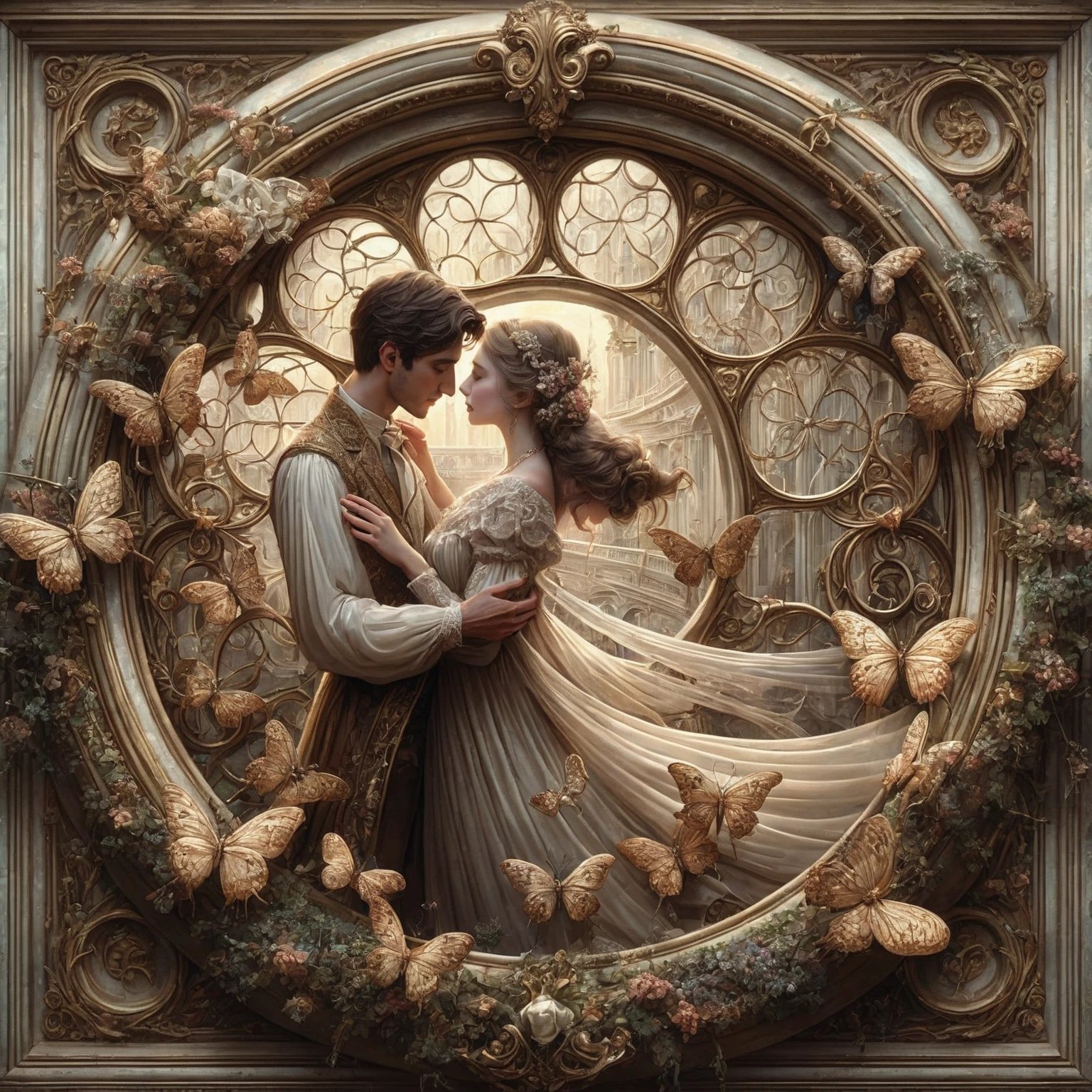 arafed image of a couple in a wedding dress embracing in a circular frame, romanticism art style, fantasy victorian art, beautiful digital artwork, romantic era painting, by Alexander Kucharsky, beautiful fantasy art, breathtaking fantasy art, fairytale artwork, a beautiful artwork illustration, detailed fantasy digital art, very beautiful fantasy art, art of edouard bisson