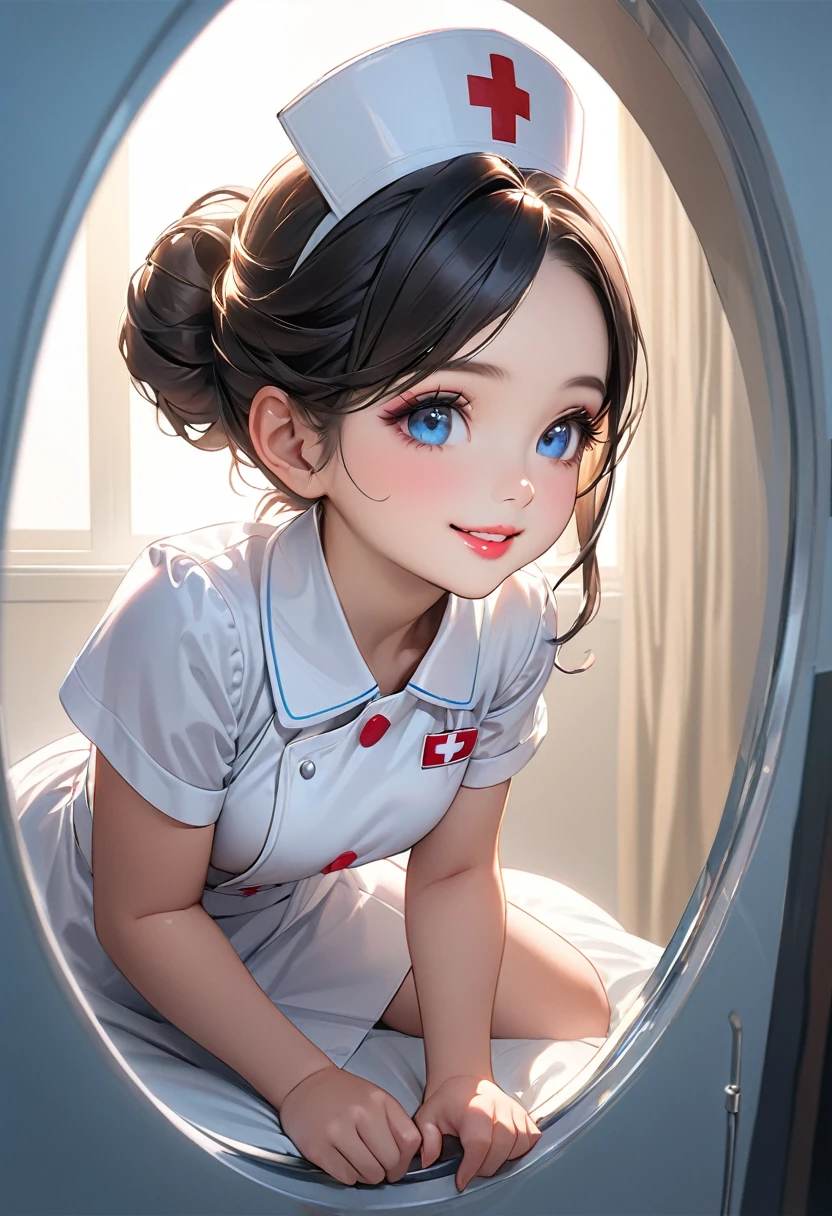 Highest quality, masterpiece, Ultra-high resolution, Realistic:1.2, RAW Photos, Intricate details, Portraiture, Big beautiful blue eyes:1.2, Perfect contours, Girl, break ((full body:1.2)), (facing viewer, looking away:1.2), ((petite, short, tiny girl:1.2)), Black Hair、((updo:1.2)), (makeup:1.2, big smile, full lips:1.3, pink lips:1.2, shiny lips:1.2), ((Top-class nurse:1.2)), (Luxurious, shiny, pure white nurse uniform), break ((Shaking the thermometer:1.2))、 (The background is a hospital room:1.2、The morning light is shining through the window and it's dazzling.)、