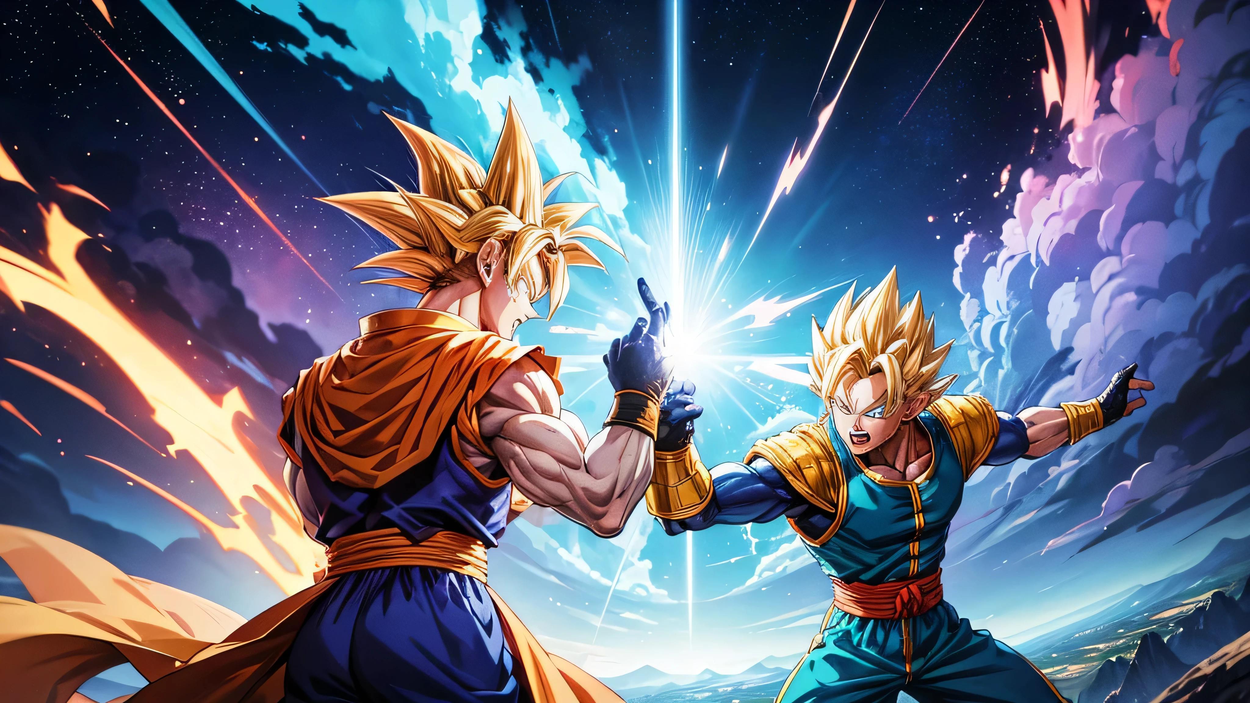 The background shows an epic and vibrant setting in the Dragon Ball universe. In the middle, Goku in his Super Saiyan form, surrounded by a bright golden aura that illuminates his muscular figure and prickly yellow hair. at your side, Vegeta, with his determined expression and his blue combat suit, emits flashes of blue energy around his body. They are both in a dynamic pose, ready for combat, with an intense, clear blue sky in the background, where the bright sun highlights the contrast between the heroes and the landscape. Around them, stars from outer space scatter, adding a touch of magic and adventure to the scene.


