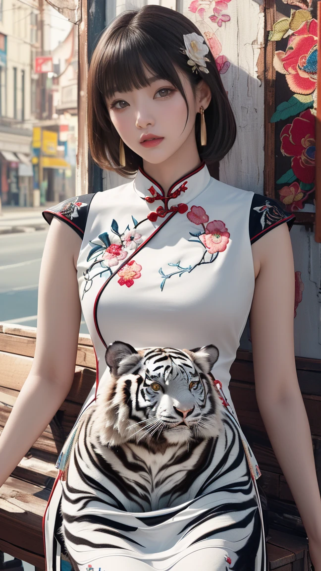 Mature Woman、((Gray Hair))、(((Two-tone hair)))、(((White cheongsam embroidered with a white tiger)))、((((A wall painted with a white tiger))))、Slender women、Cute Woman、 8K Ultra HD,Detailed face、Delicate texture, Long Hair、(((Blunt bangs)))、(Thigh-length stocking skirt、Chinese atmosphere、((Delicate photo)),(Girl Astepeace RAW Photo Details:1.25), (Highest quality:1.6), (Ultra-high resolution:1.5), (Realistic:1.75), 8k resolution, Canon EOS R5, 50mm, Absurd, Very detailed,Cinema Lighting