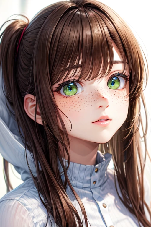  straight medium brown hair without bangs light green eyes with freckles on the face without bangs in the hair