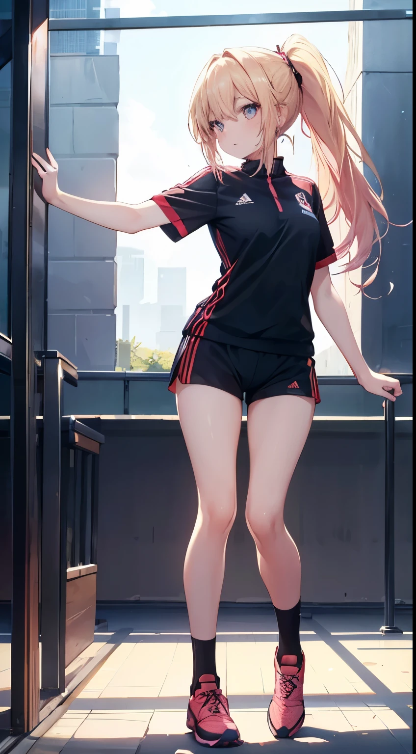 master piece ,full body figure、standing exactly, Toes on the feet、Misaka Mikoto、beautiful woman、sexy pose、track and field club、Match Uniform、latex shorts , put your hand on your waist