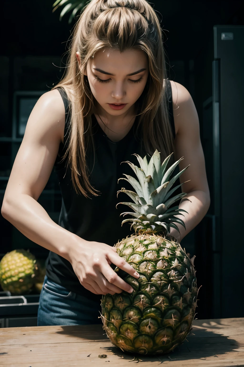 A metal hammer destroys a pineapple 