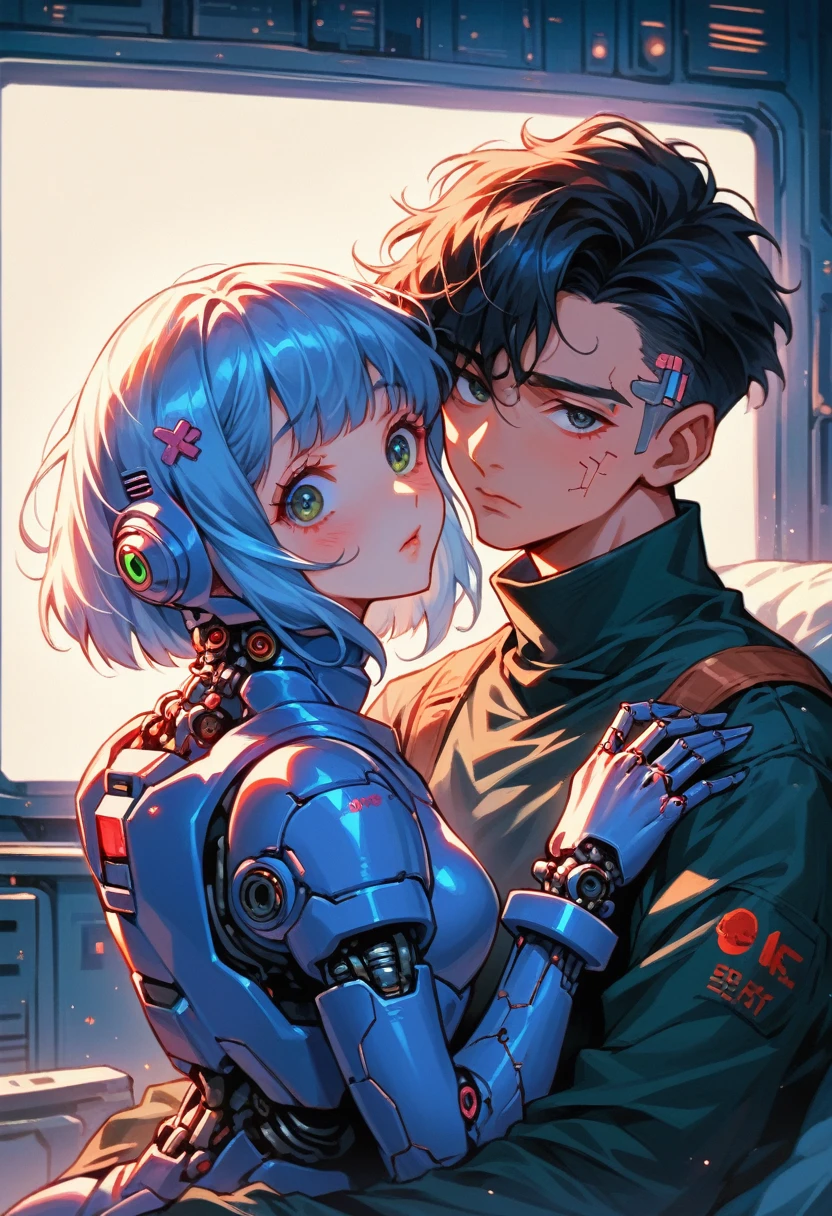 Close-up of a person wearing a space suit and holding a television, cute Cyborg Girl, Portrait Anime Astronaut Girl, Blue Cyborg, Cyborg - Girl, Anime Manga Robot!! Anime Girls, 詳細なSci-Fi Art, Cyborg Girl, Digital Cyberpunk Anime Art, Digital Cyberpunk - Anime Art, Sci-Fi Art!!!!!!!, A mix of anime robots and organic matter, Anime Cyborg