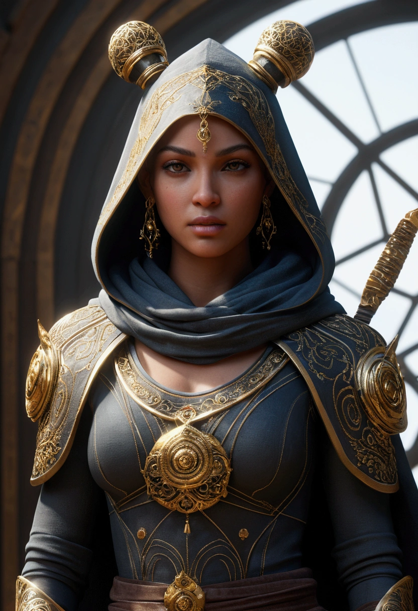A captivating and enchanting female character, exuding charm and allure. She has beautiful top buns and wears a hood with shoulder coverings, paired with leggings, a skirt, and pouches. Her outfit is completed with stylish boots, gloves, and intricately designed blades. This character embodies the essence of a goddess, with an aura of divine anima. The image should be rendered as the most beautiful artwork, a true masterpiece of the highest quality. It must be rendered with maximum fidelity and the highest resolution possible, ensuring the finest details are captured. The scene should feature caustics, film grain, radiosity, photon mapping, and ray tracing to enhance the realism and depth. Every aspect of the image should be hyper-detailed, with an emphasis on enhancing the minutest details. Render the character in stunning 8K resolution, with unreal 8K fidelity and octane rendering. The overall composition should be inspiring and breathtaking, featuring HDR and Ultra HD quality. The artwork should be meticulous, intricate, intimate, and nuanced, with a level of detail that is award-winning and captures the most beautiful art. The final image should evoke a sense of awe and admiration, showcasing the pinnacle of digital artistry.