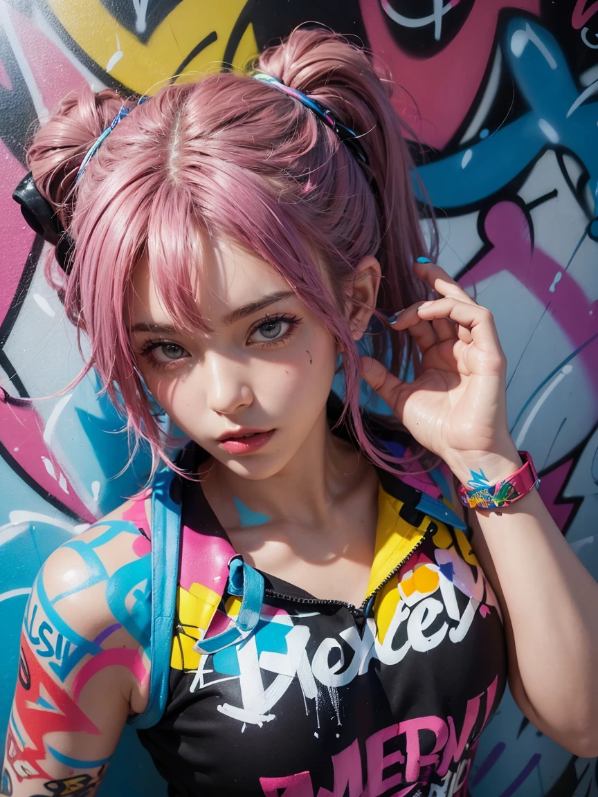 (best quality), (high detail), (vivid colors), (graffiti style), (freestyle), (Close up), (1girl), sexy female graffiti artist, spraying graffiti on a wall painted with street art, HDR, 4K, 3D, graffiti art style.